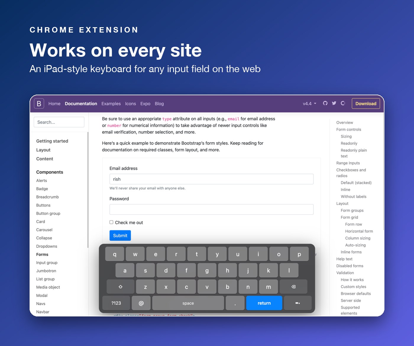 On-screen keyboard typing into a web form