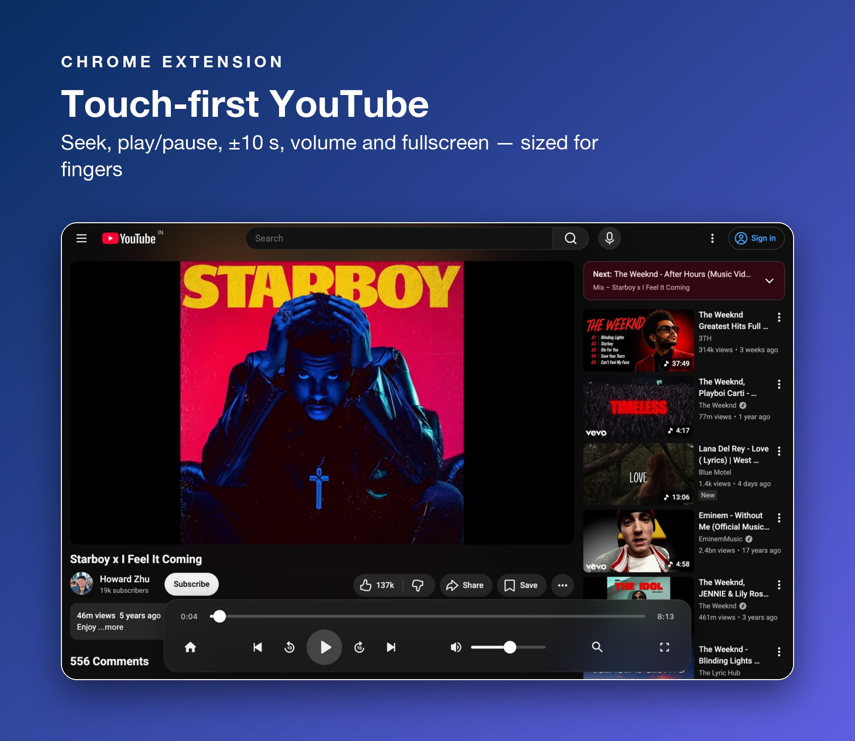 Floating touch media control bar on a YouTube video
