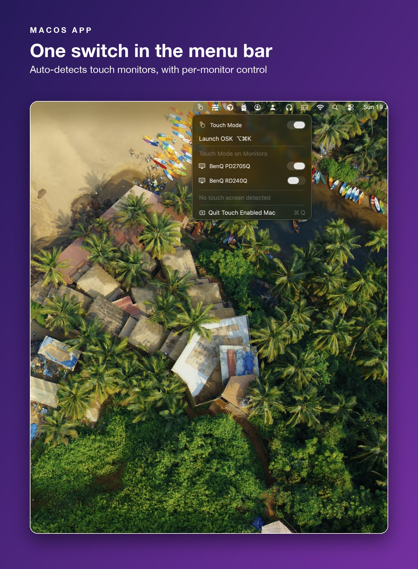 Touch Enabled Mac menu-bar menu with Touch Mode toggle and per-monitor switches