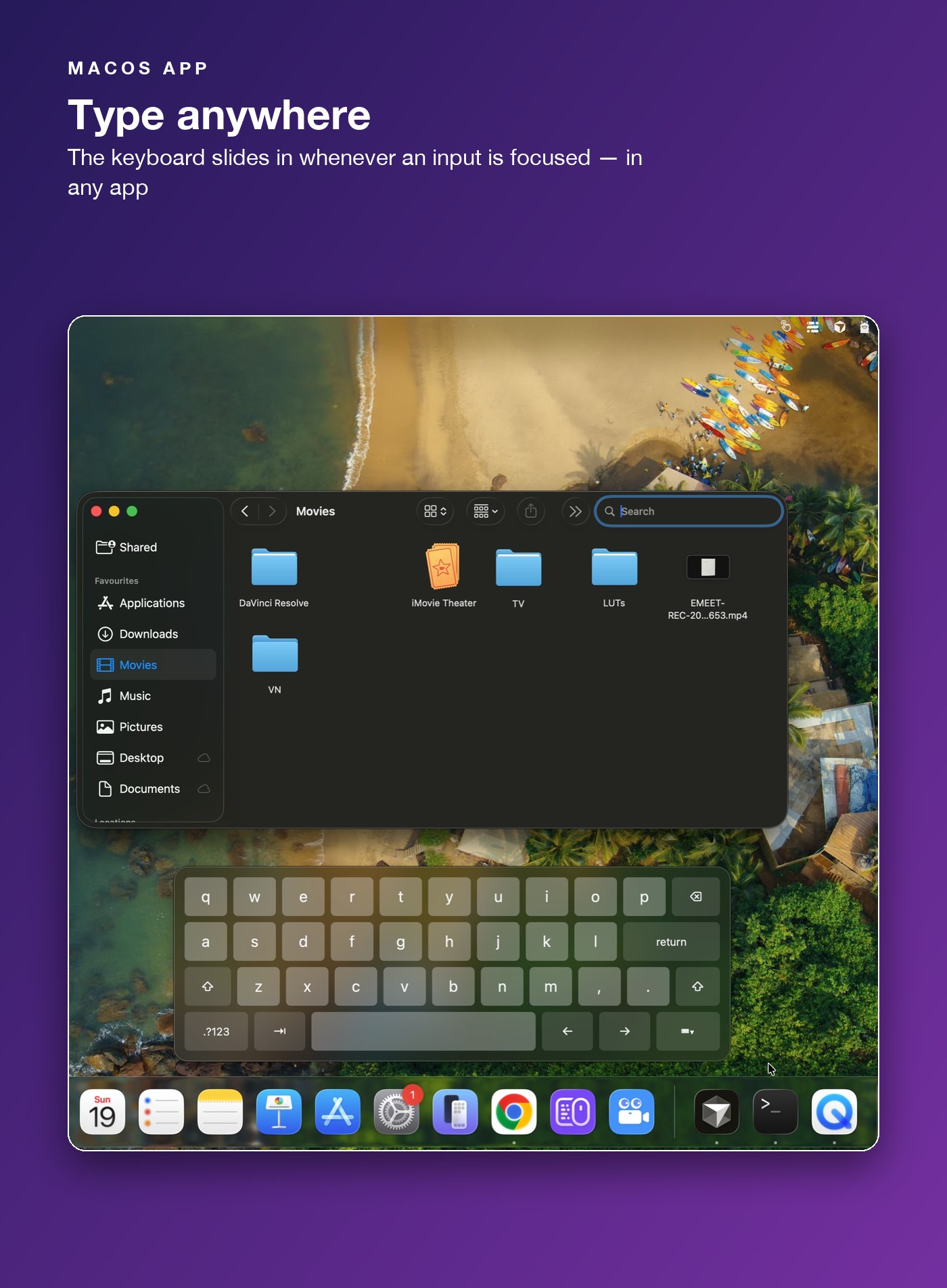 iPad-style on-screen keyboard floating over Finder on macOS