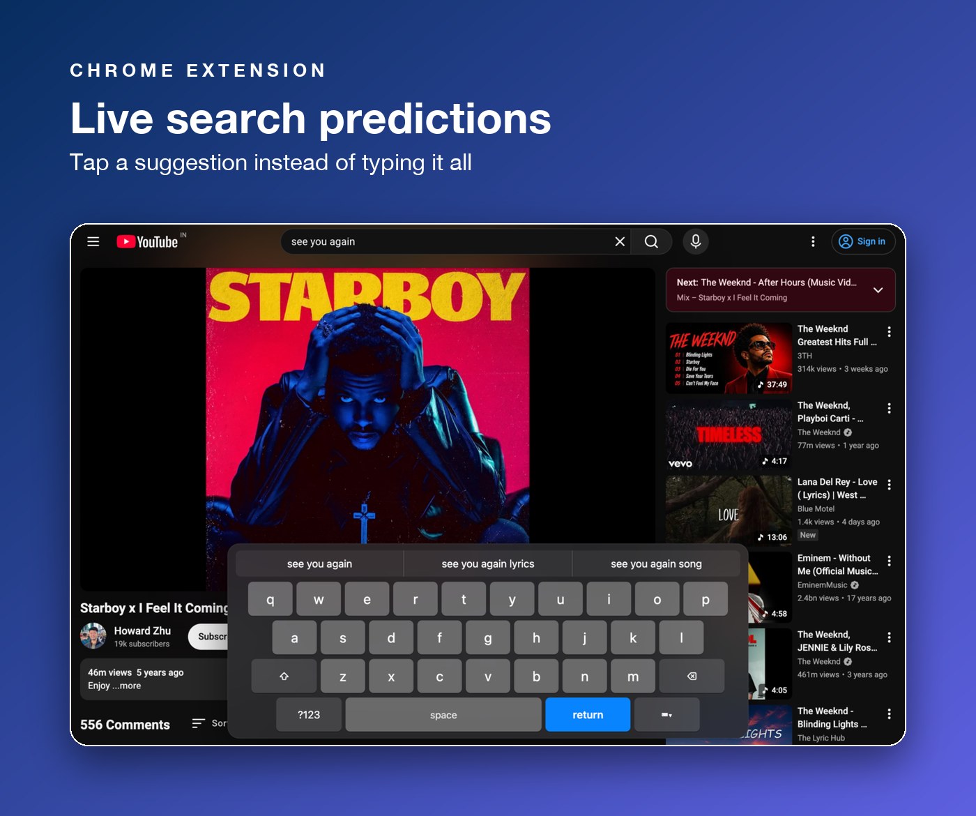 Live YouTube search predictions above the on-screen keyboard